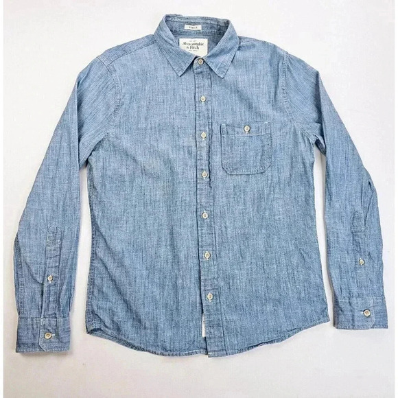 Abercrombie & Fitch Size Small Blue Denim Long Sleeve Logo Tag L/S Muscle Shirt - Picture 1 of 8